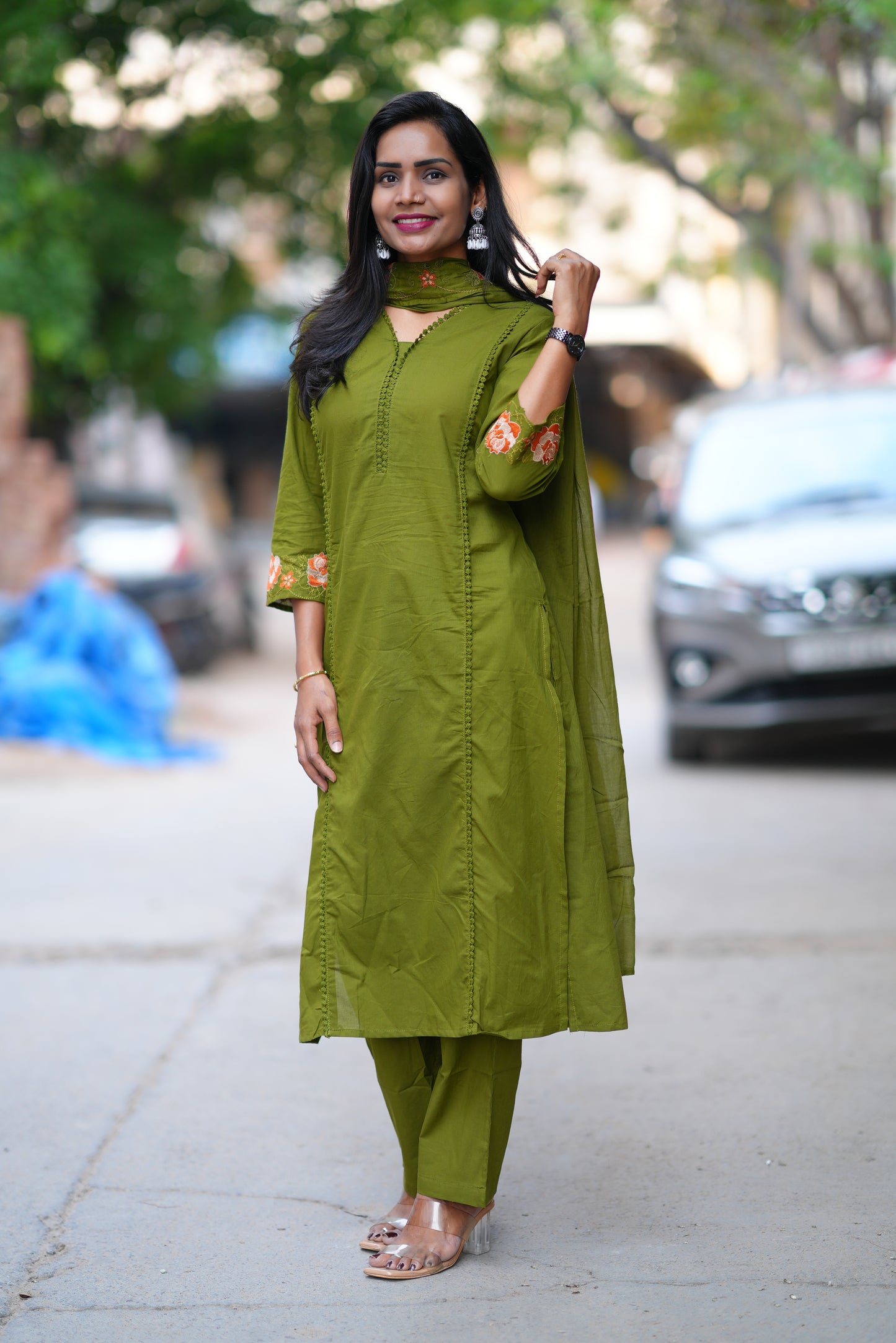 Green Jaipur Cotton with Lace on Neck and Kurta and Heavy Embroidery on Sleeves