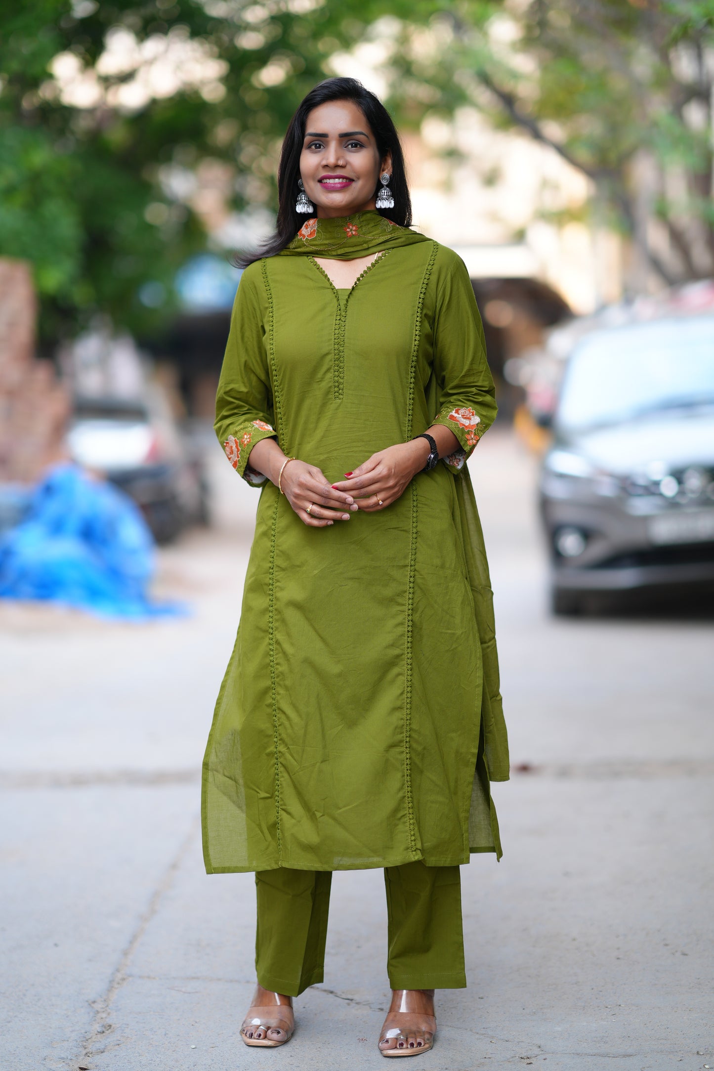 Green Jaipur Cotton with Lace on Neck and Kurta and Heavy Embroidery on Sleeves