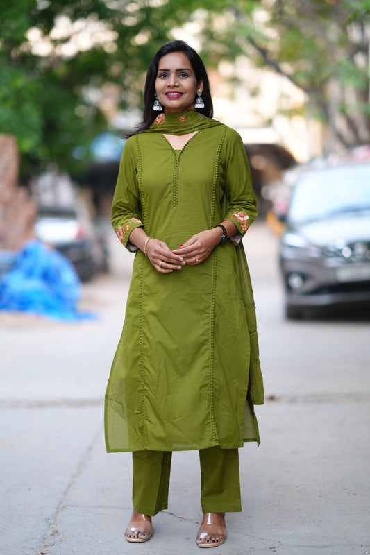 Green Jaipur Cotton with Lace on Neck and Kurta and Heavy Embroidery on Sleeves