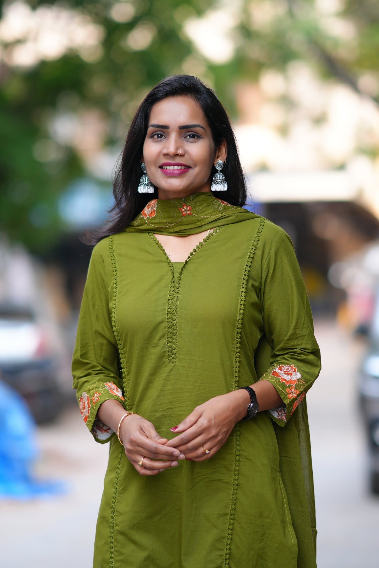 Green Jaipur Cotton with Lace on Neck and Kurta and Heavy Embroidery on Sleeves