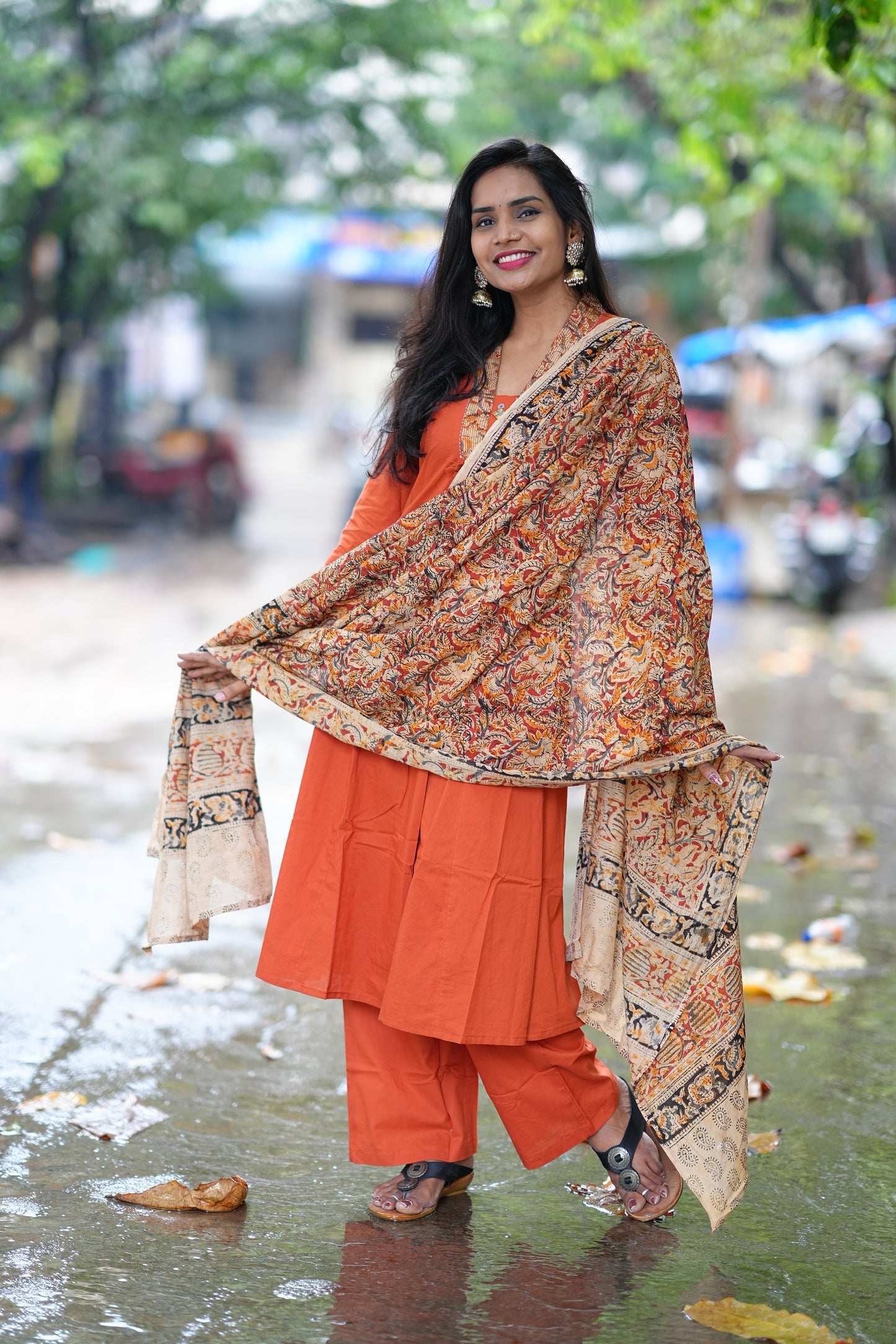 Orange Color Jaipur Cotton Anarkali Pattern V Neck With Kalamkari Dupatta