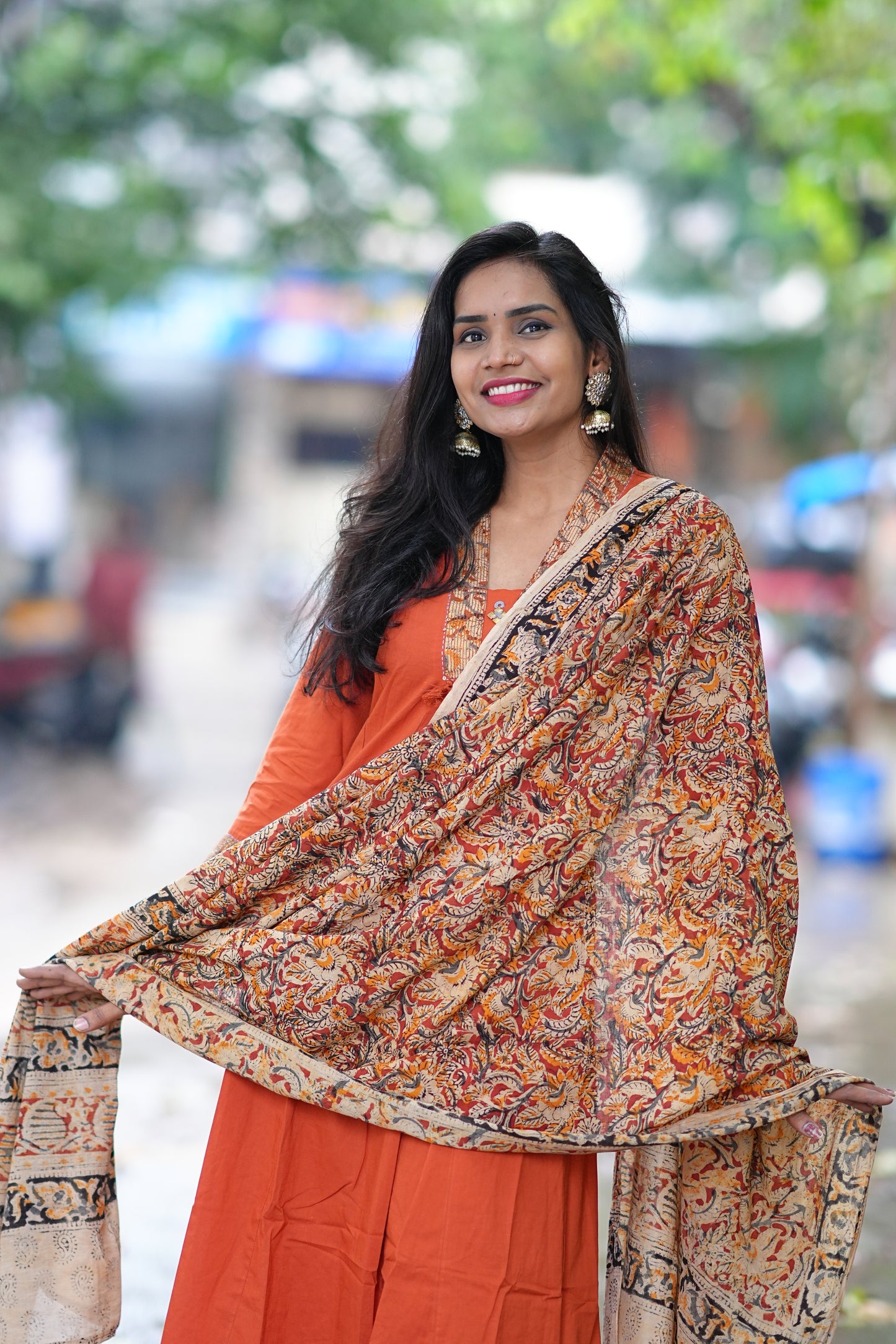 Orange Color Jaipur Cotton Anarkali Pattern V Neck With Kalamkari Dupatta