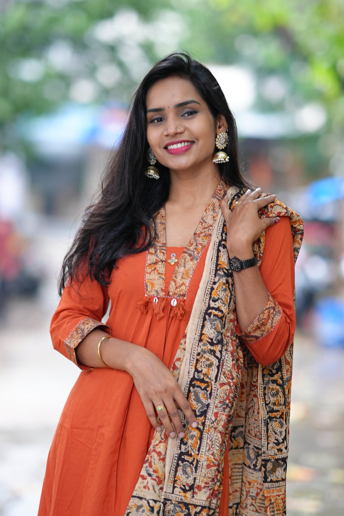 Orange Color Jaipur Cotton Anarkali Pattern V Neck With Kalamkari Dupatta