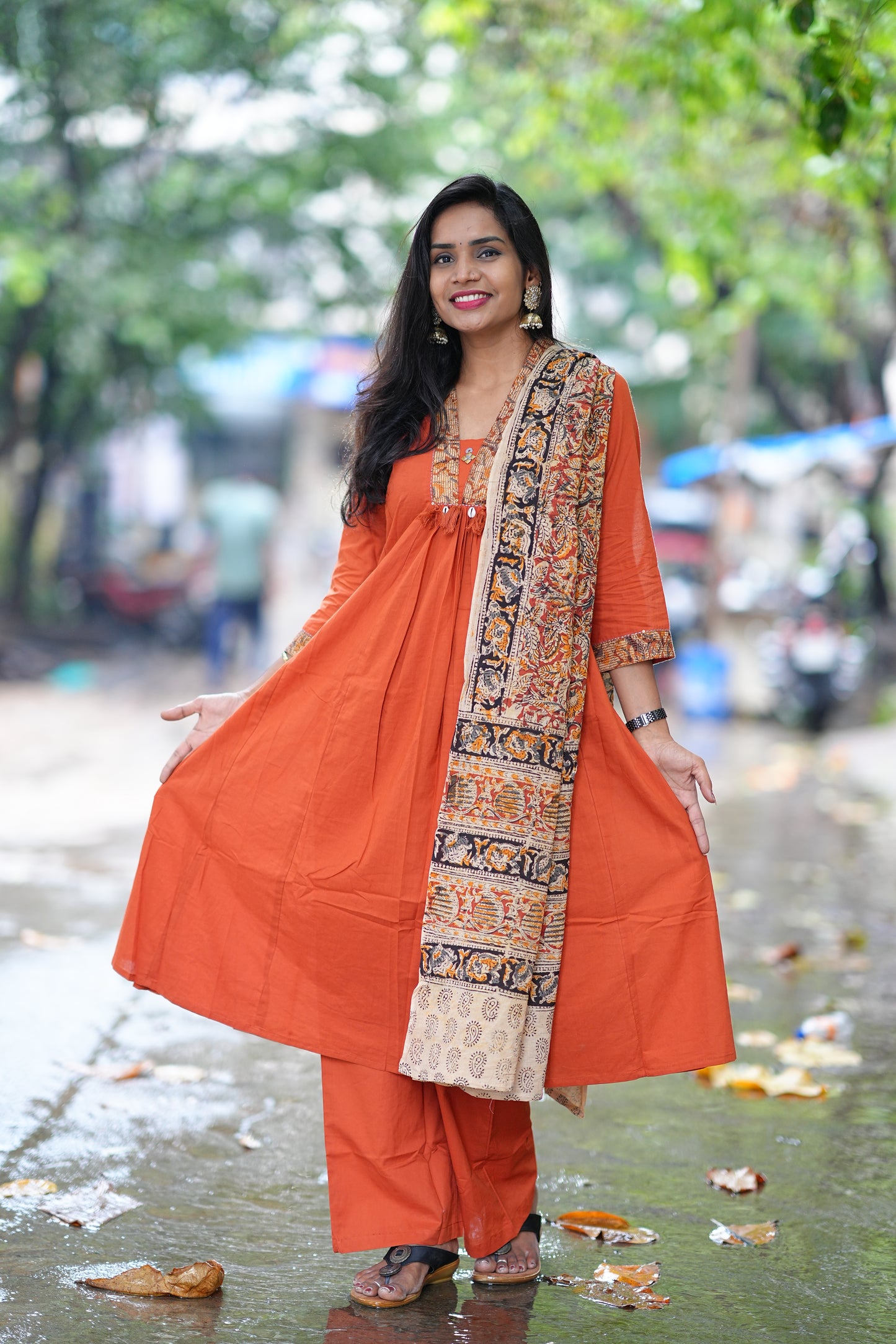 Orange Color Jaipur Cotton Anarkali Pattern V Neck With Kalamkari Dupatta