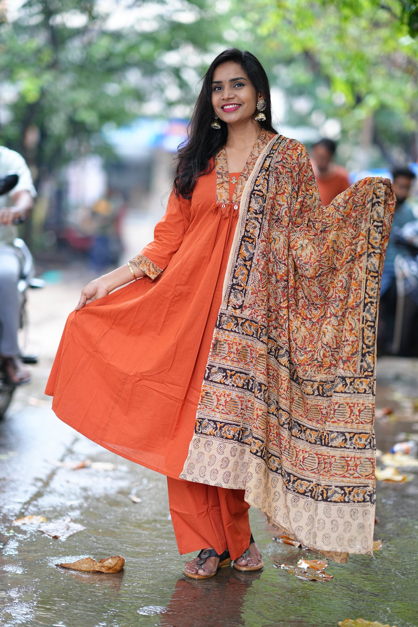 Orange Color Jaipur Cotton Anarkali Pattern V Neck With Kalamkari Dupatta