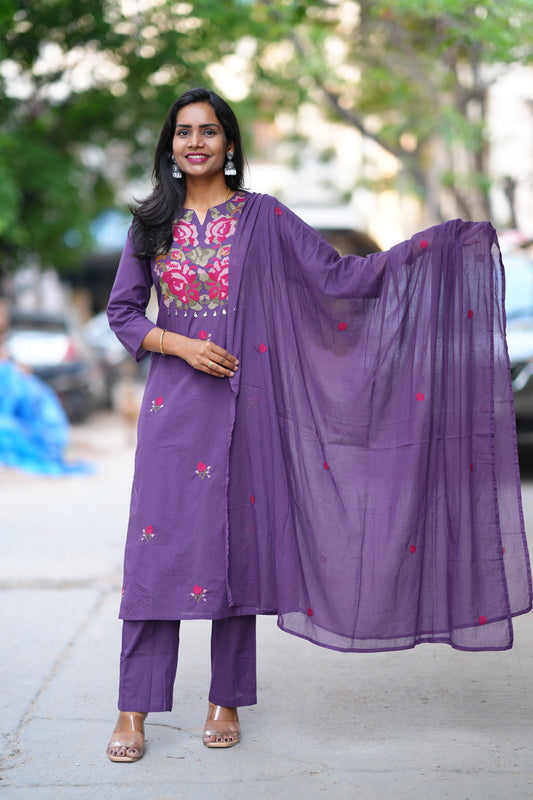 Purple Color Jaipuri Cotton 3 Piece Set With Thread EMbroidery Work