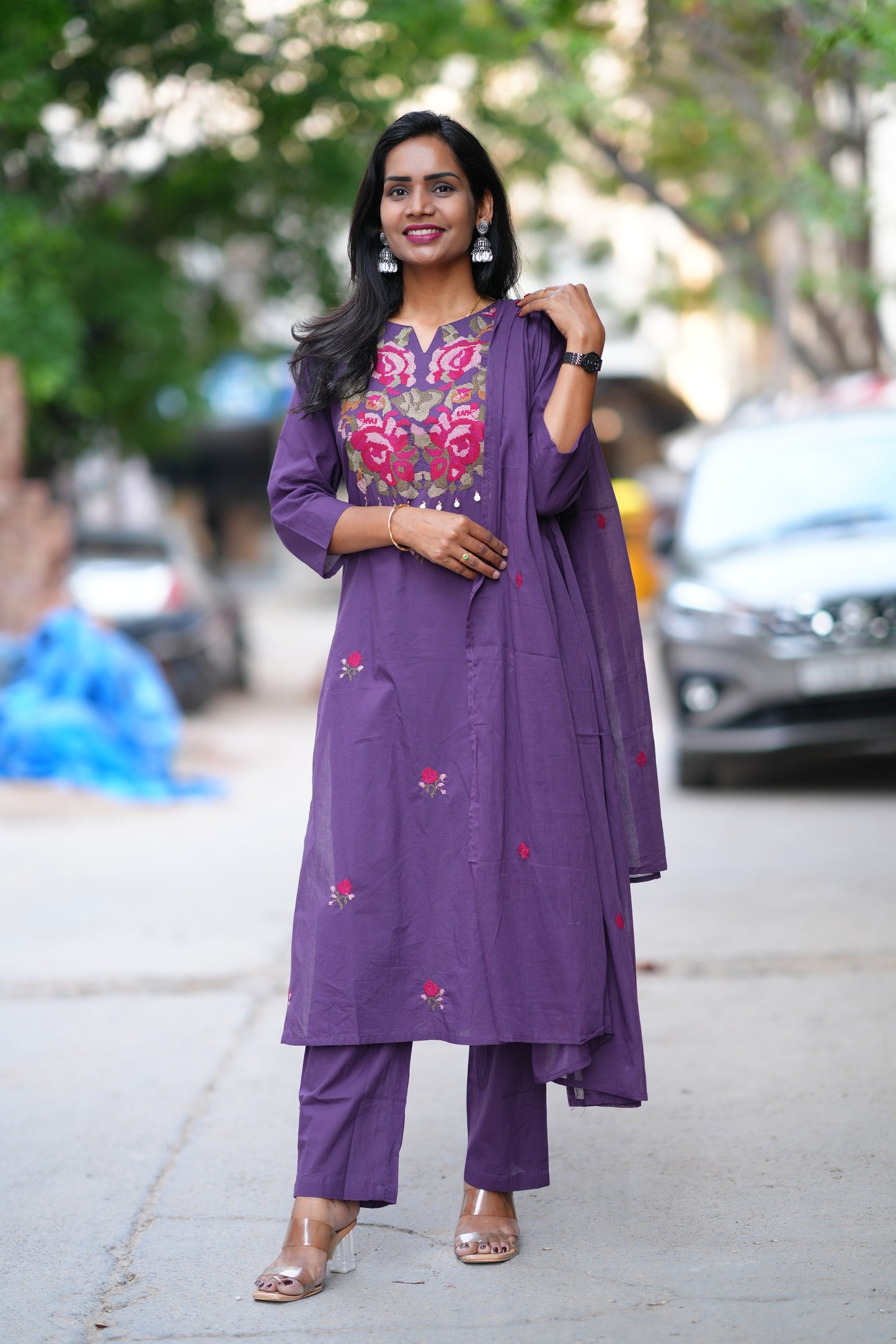 Purple Color Jaipuri Cotton 3 Piece Set With Thread EMbroidery Work