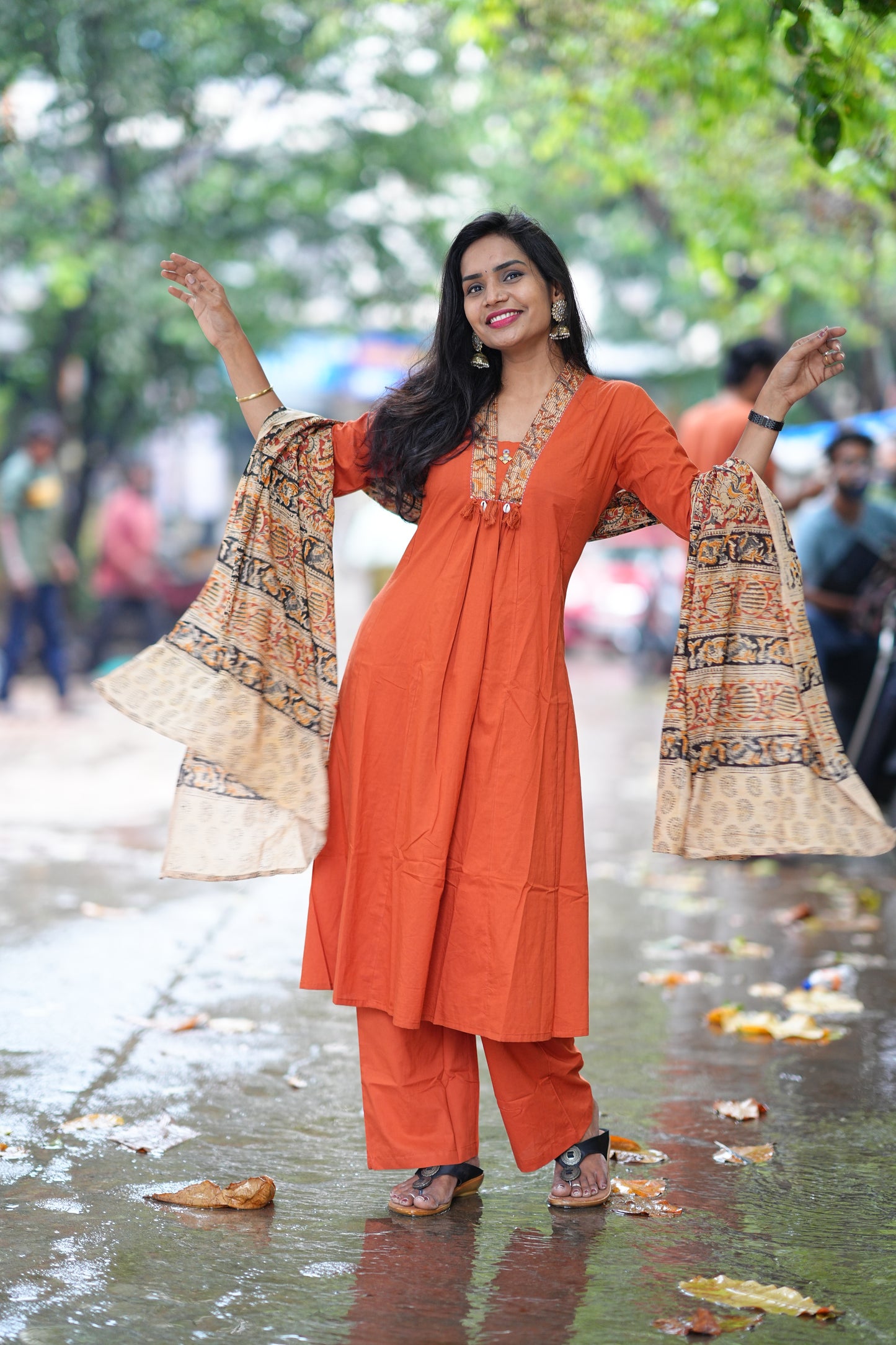 Orange Color Jaipur Cotton Anarkali Pattern V Neck With Kalamkari Dupatta