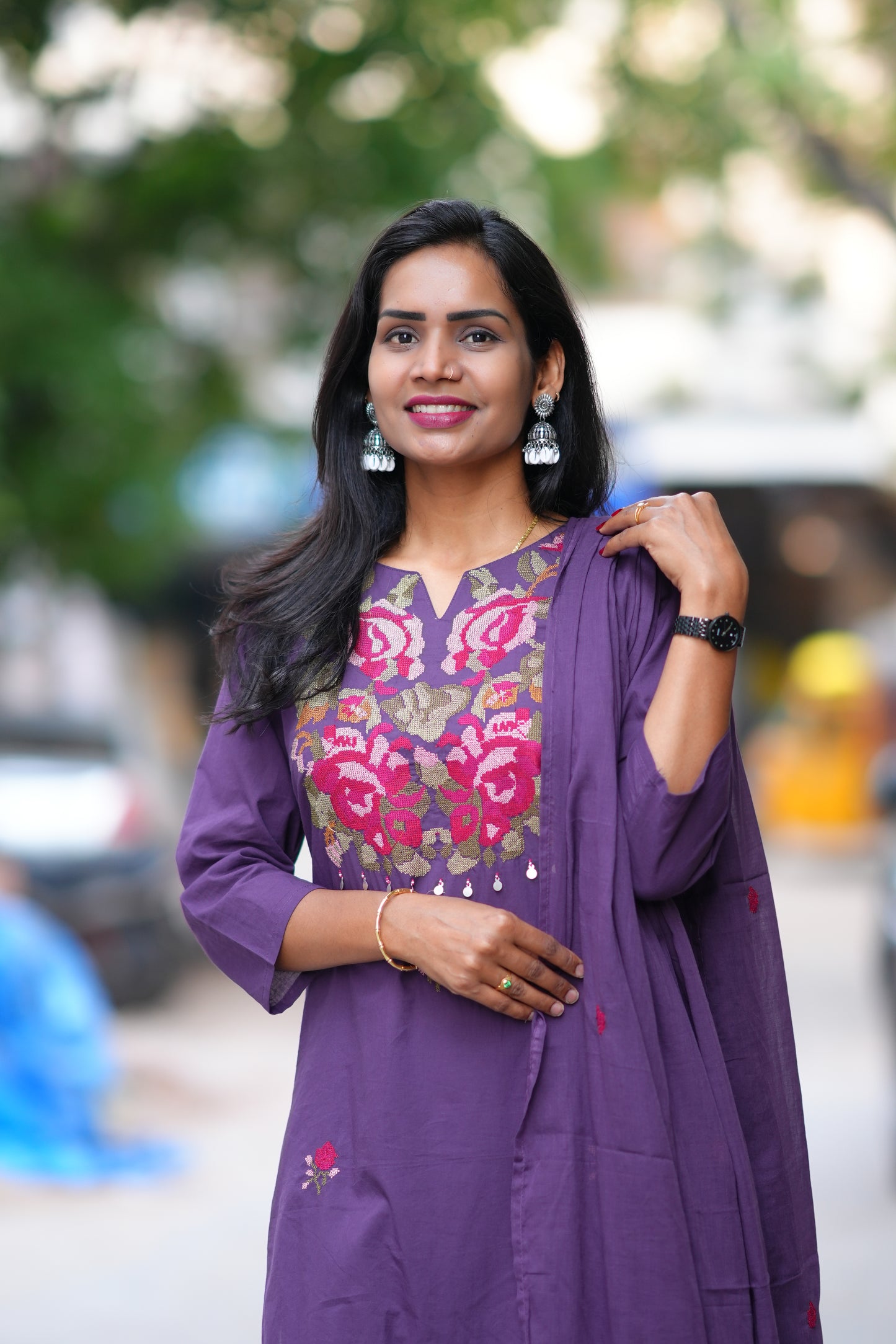 Purple Color Jaipuri Cotton 3 Piece Set With Thread EMbroidery Work