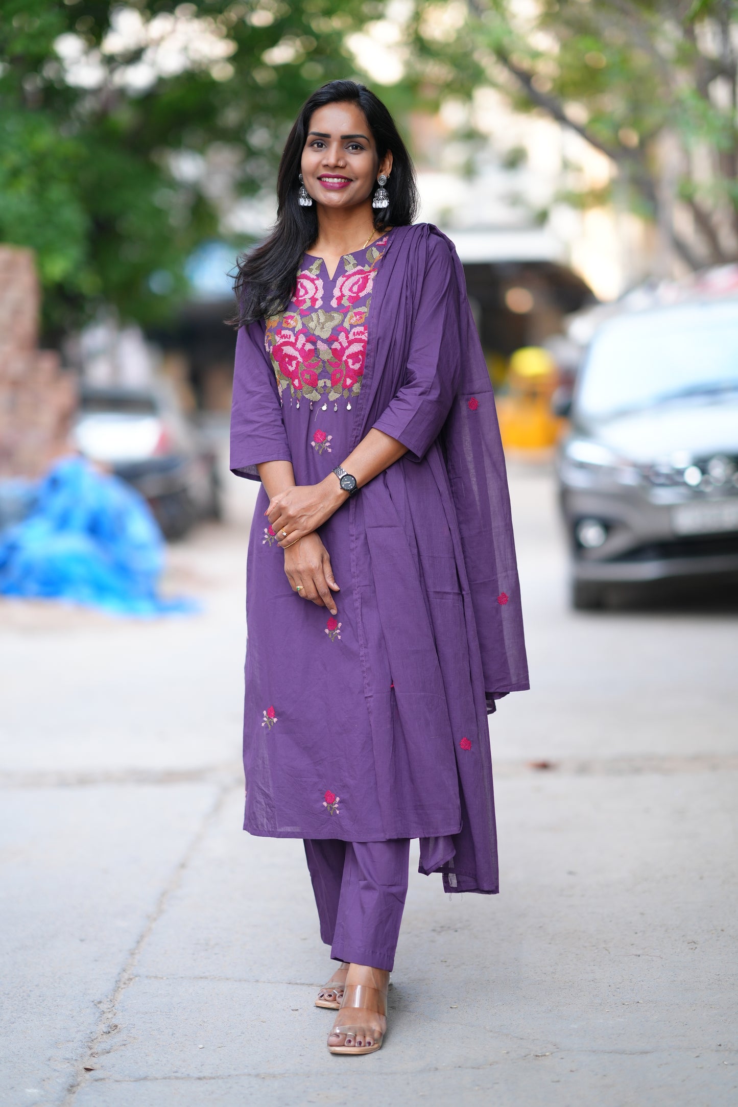 Purple Color Jaipuri Cotton 3 Piece Set With Thread EMbroidery Work