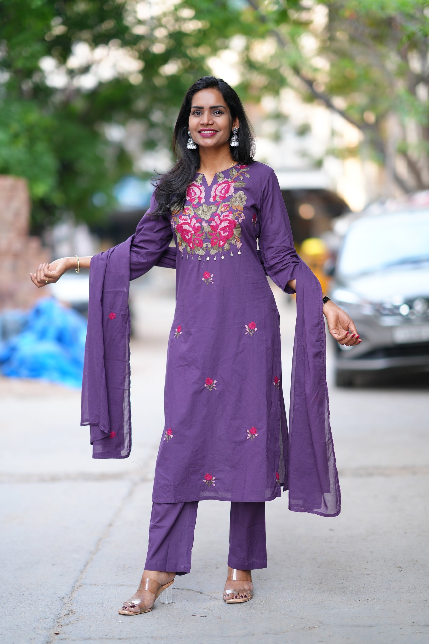 Purple Color Jaipuri Cotton 3 Piece Set With Thread EMbroidery Work