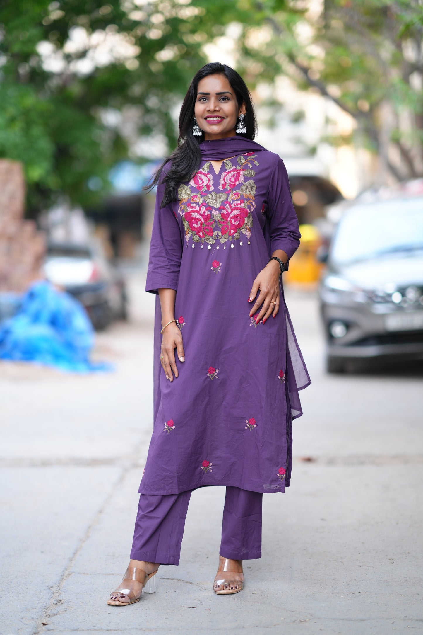 Purple Color Jaipuri Cotton 3 Piece Set With Thread EMbroidery Work