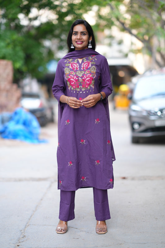 Purple Color Jaipuri Cotton 3 Piece Set With Thread EMbroidery Work