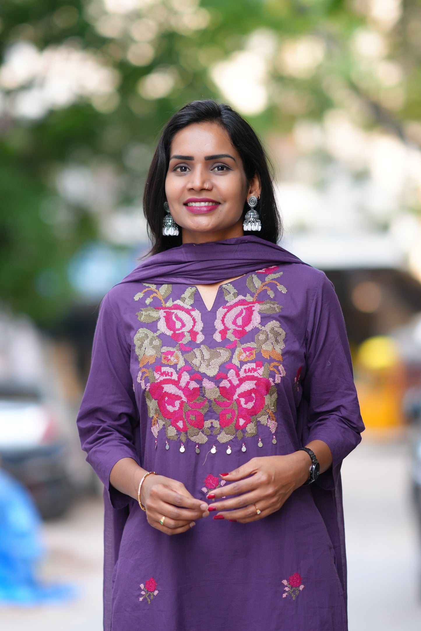 Purple Color Jaipuri Cotton 3 Piece Set With Thread EMbroidery Work