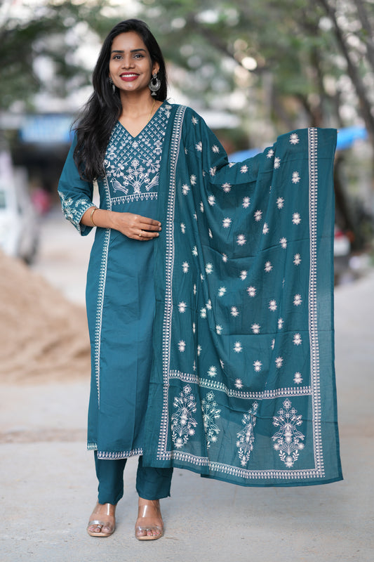 Russian Green Color Jaipuri Cotton 3 Piece Set With Thread Embroidery Work