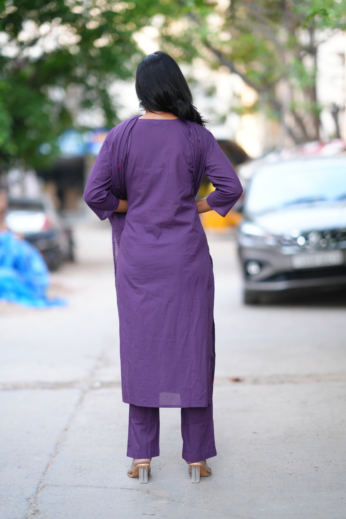 Purple Color Jaipuri Cotton 3 Piece Set With Thread EMbroidery Work