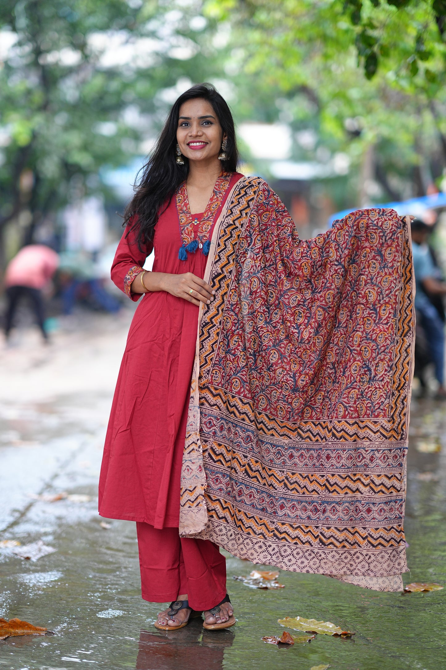 Red Color Jaipur Cotton Anarkali Pattern V Neck With Kalamkari Dupatta