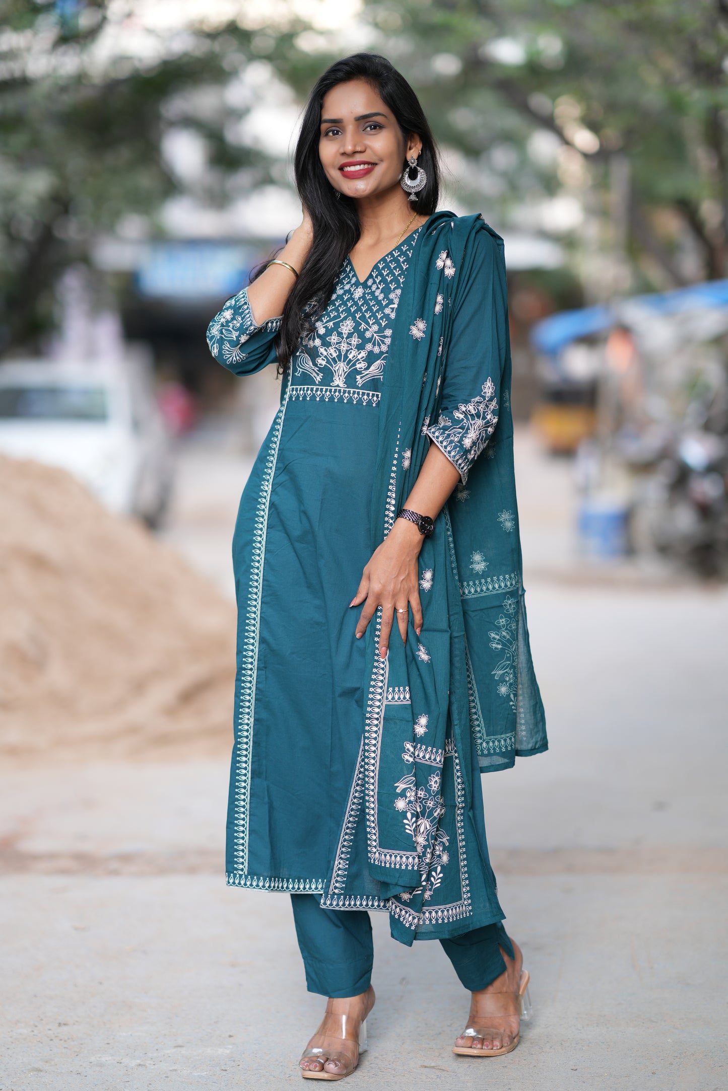 Russian Green Color Jaipuri Cotton 3 Piece Set With Thread Embroidery Work