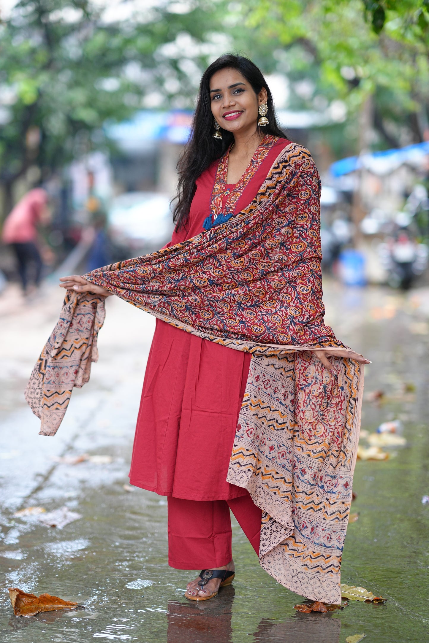 Red Color Jaipur Cotton Anarkali Pattern V Neck With Kalamkari Dupatta