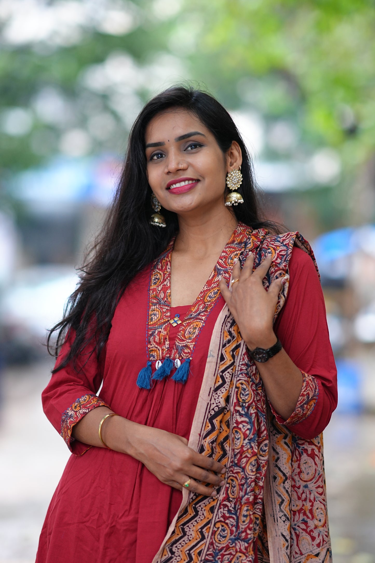 Red Color Jaipur Cotton Anarkali Pattern V Neck With Kalamkari Dupatta