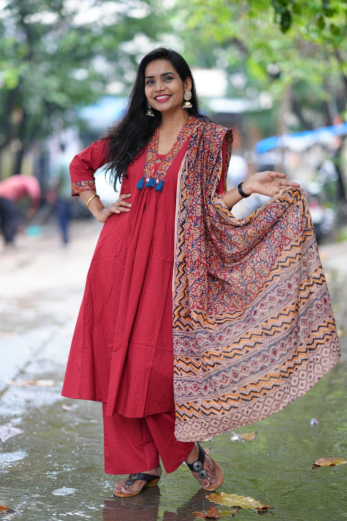 Red Color Jaipur Cotton Anarkali Pattern V Neck With Kalamkari Dupatta