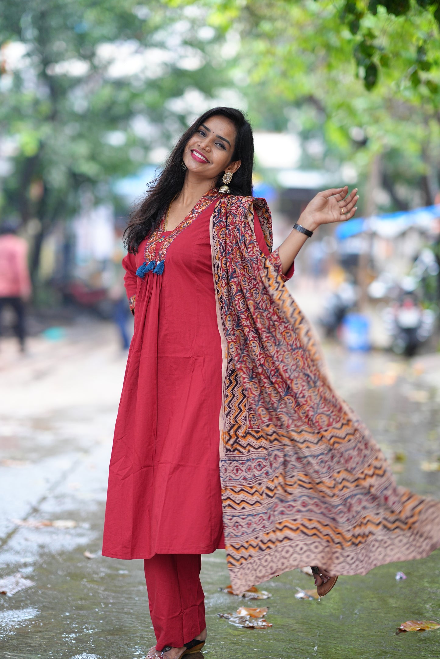 Red Color Jaipur Cotton Anarkali Pattern V Neck With Kalamkari Dupatta