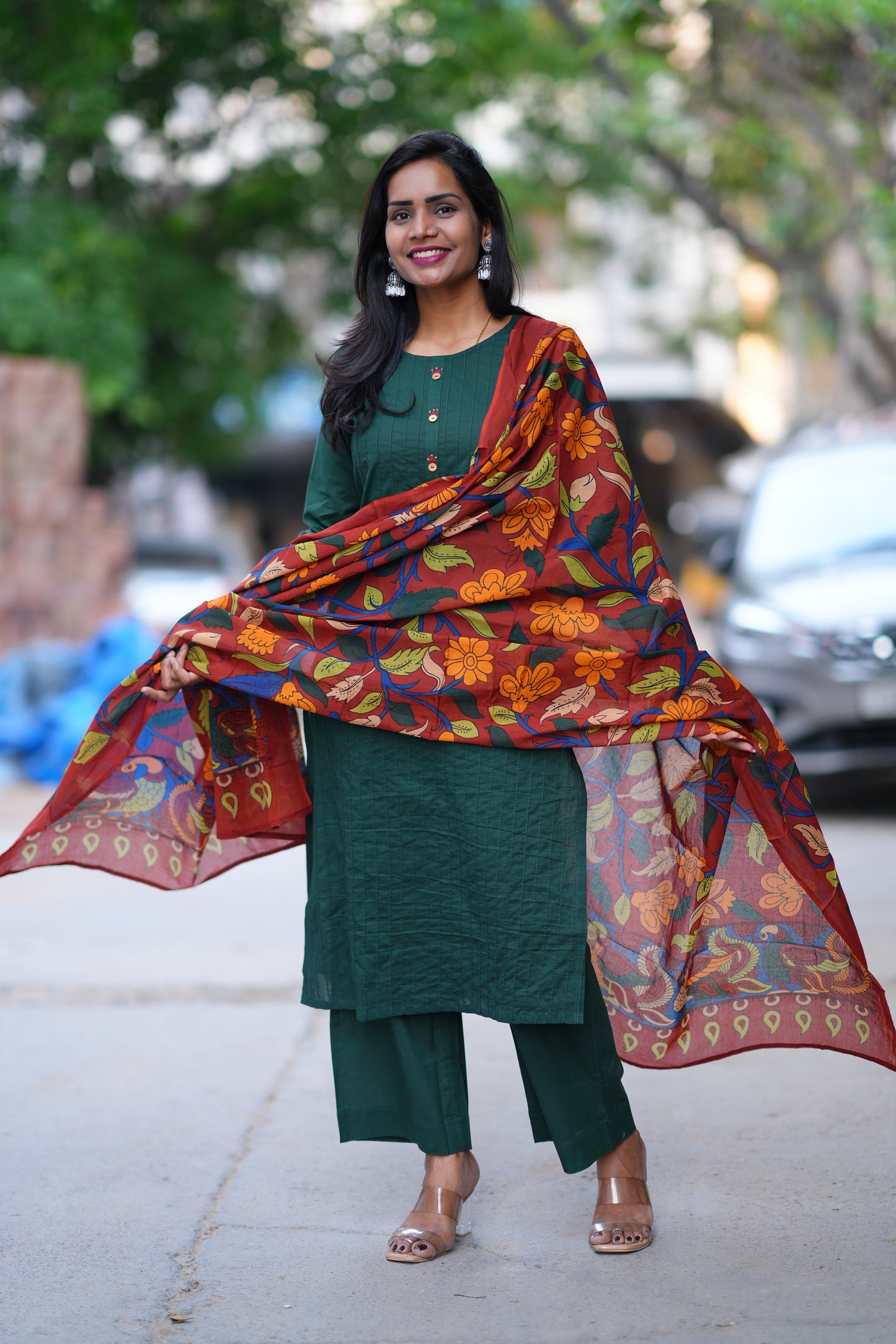 Emerald Green Pintax Cotton 3 Piece Set With Contrast Duppata