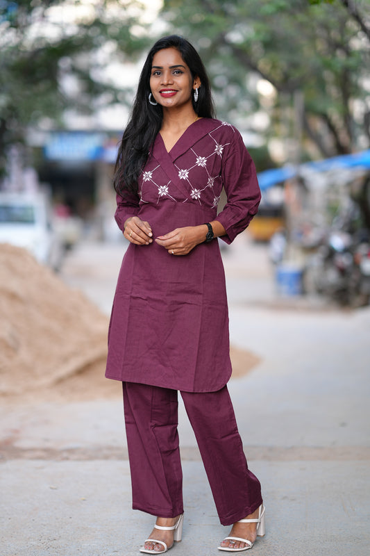 Wine Color Overlap V Neck Thread Embriodary Office Wear Cordset