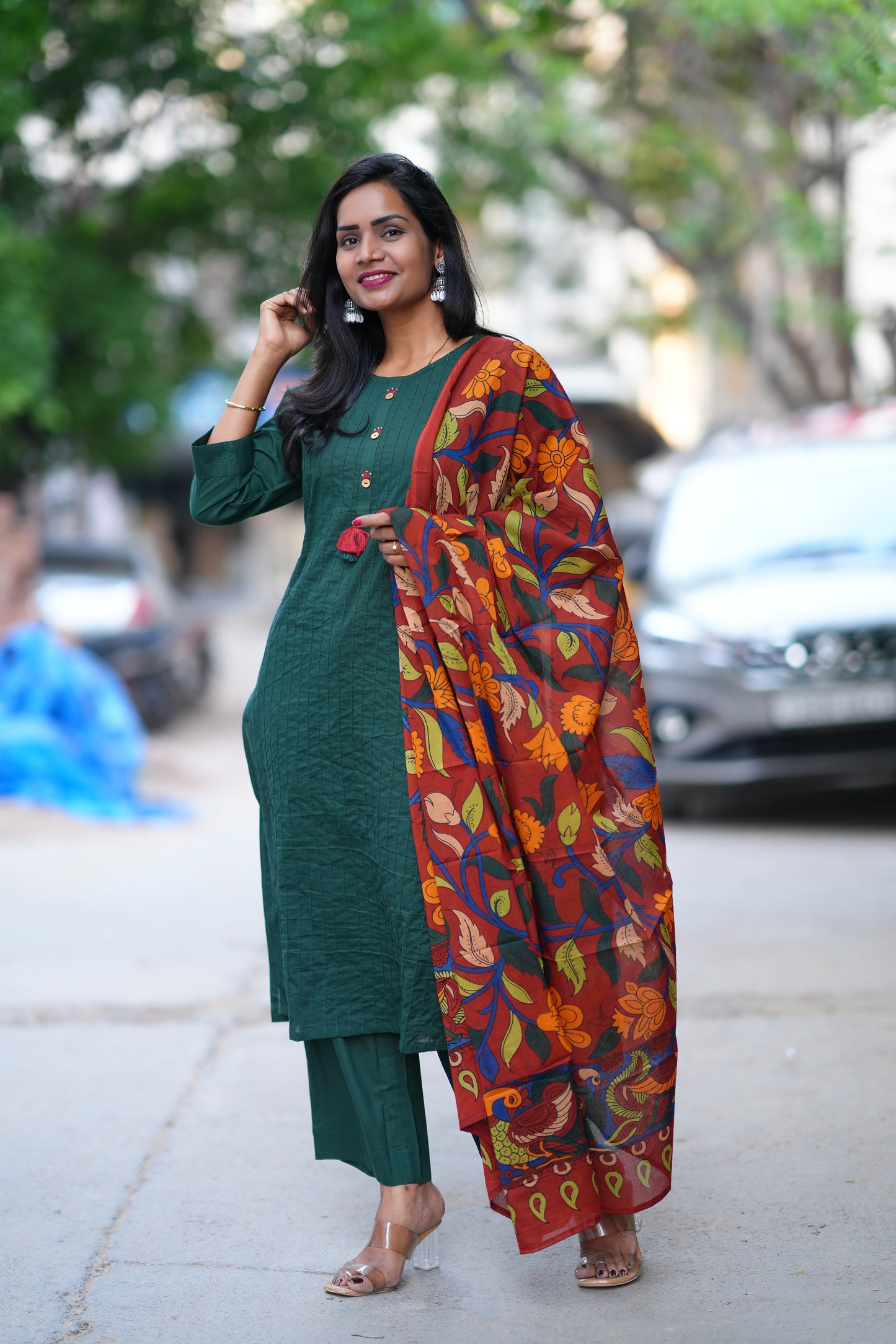 Emerald Green Pintax Cotton 3 Piece Set With Contrast Duppata