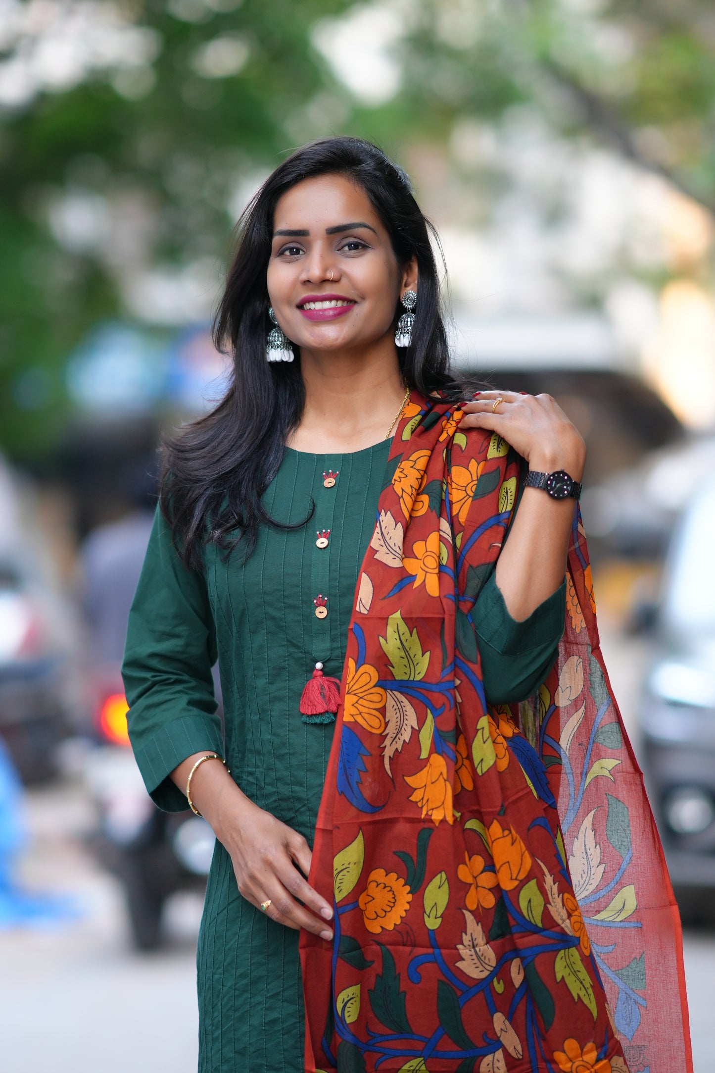 Emerald Green Pintax Cotton 3 Piece Set With Contrast Duppata