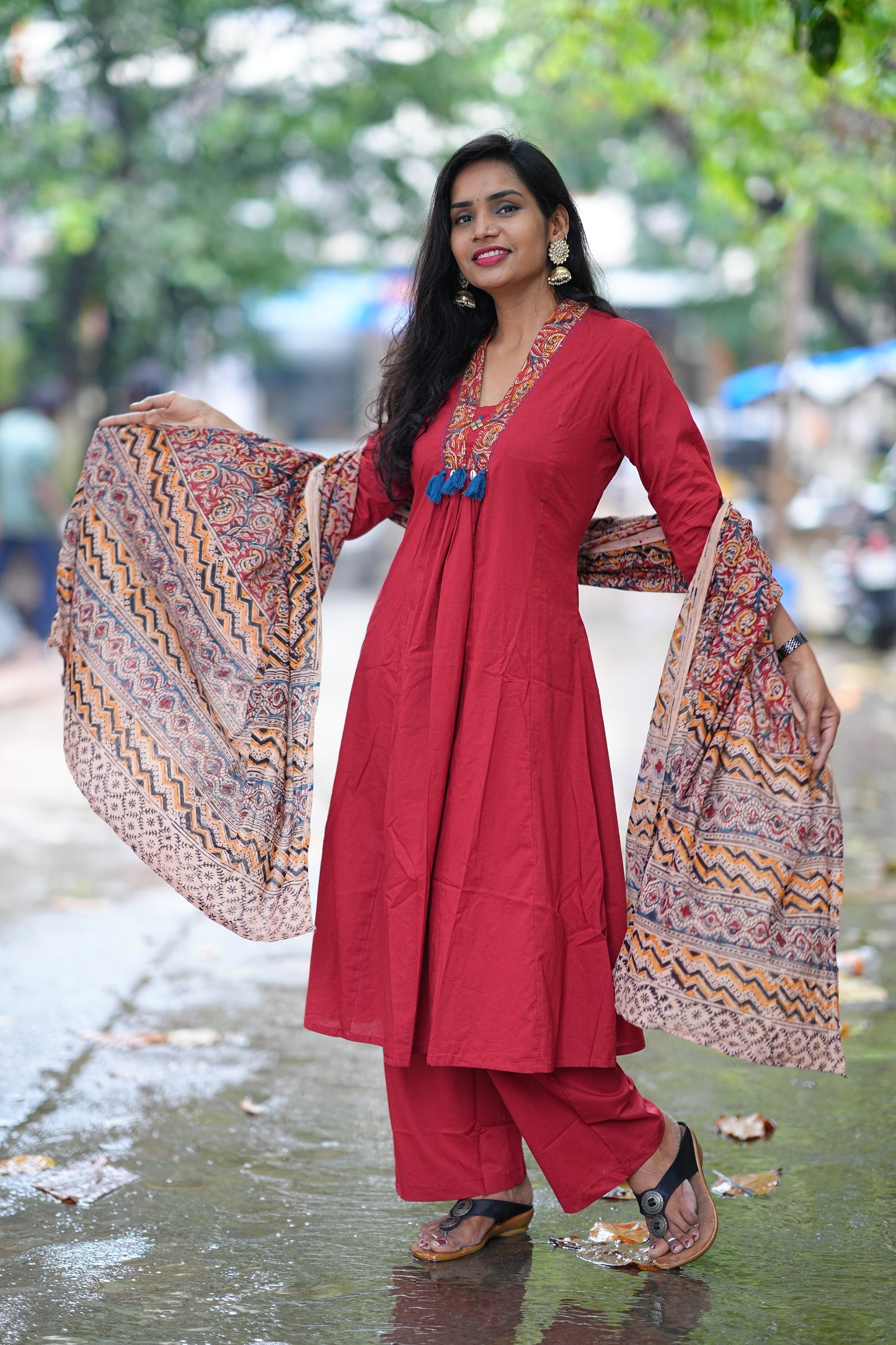 Red Color Jaipur Cotton Anarkali Pattern V Neck With Kalamkari Dupatta
