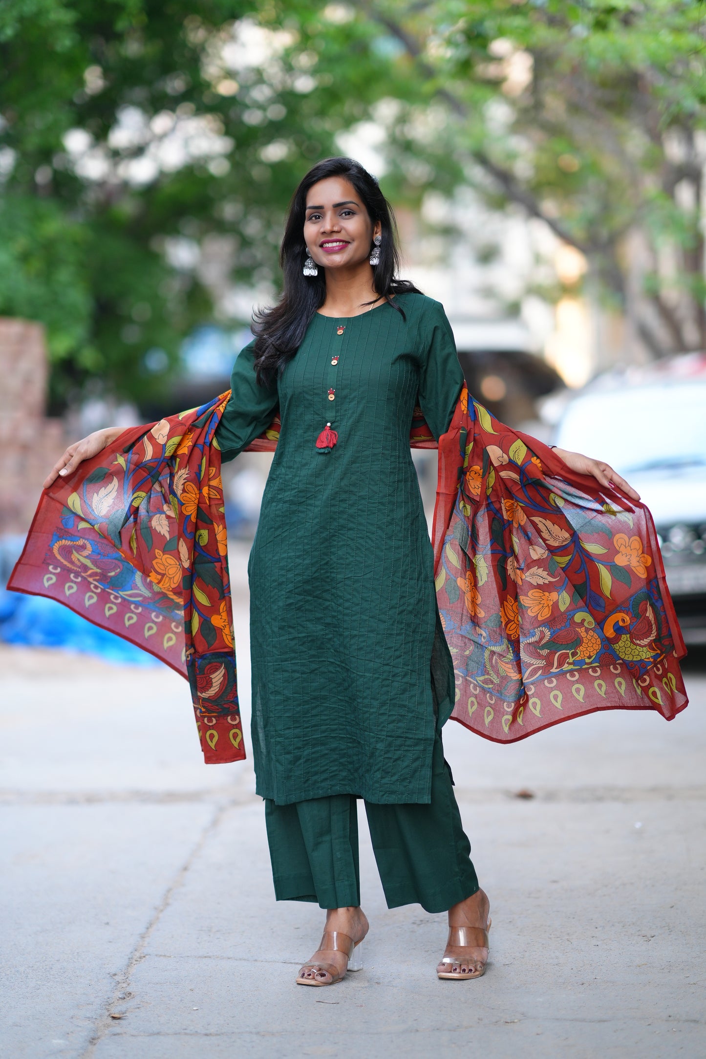 Emerald Green Pintax Cotton 3 Piece Set With Contrast Duppata