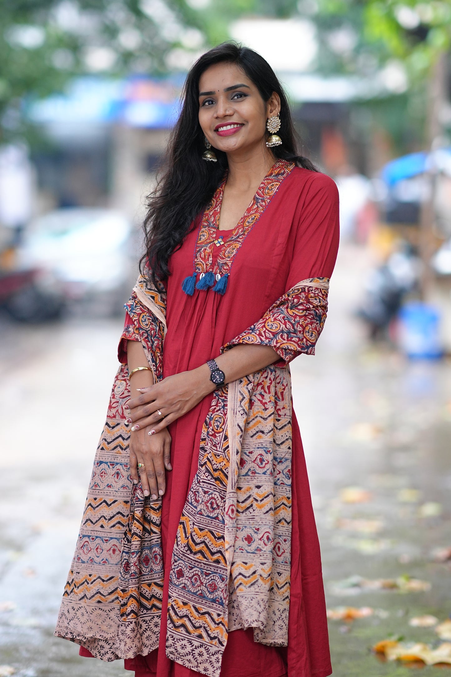 Red Color Jaipur Cotton Anarkali Pattern V Neck With Kalamkari Dupatta