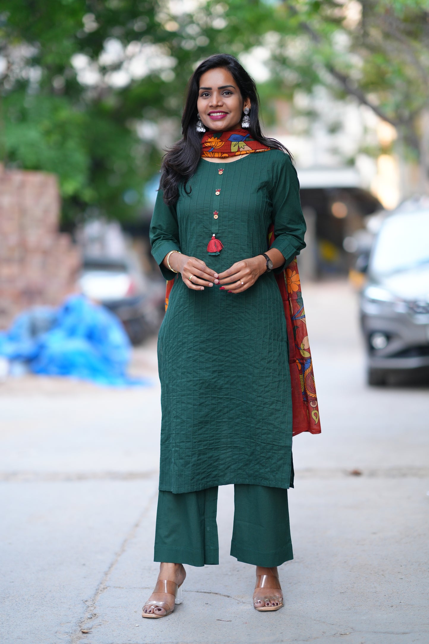 Emerald Green Pintax Cotton 3 Piece Set With Contrast Duppata