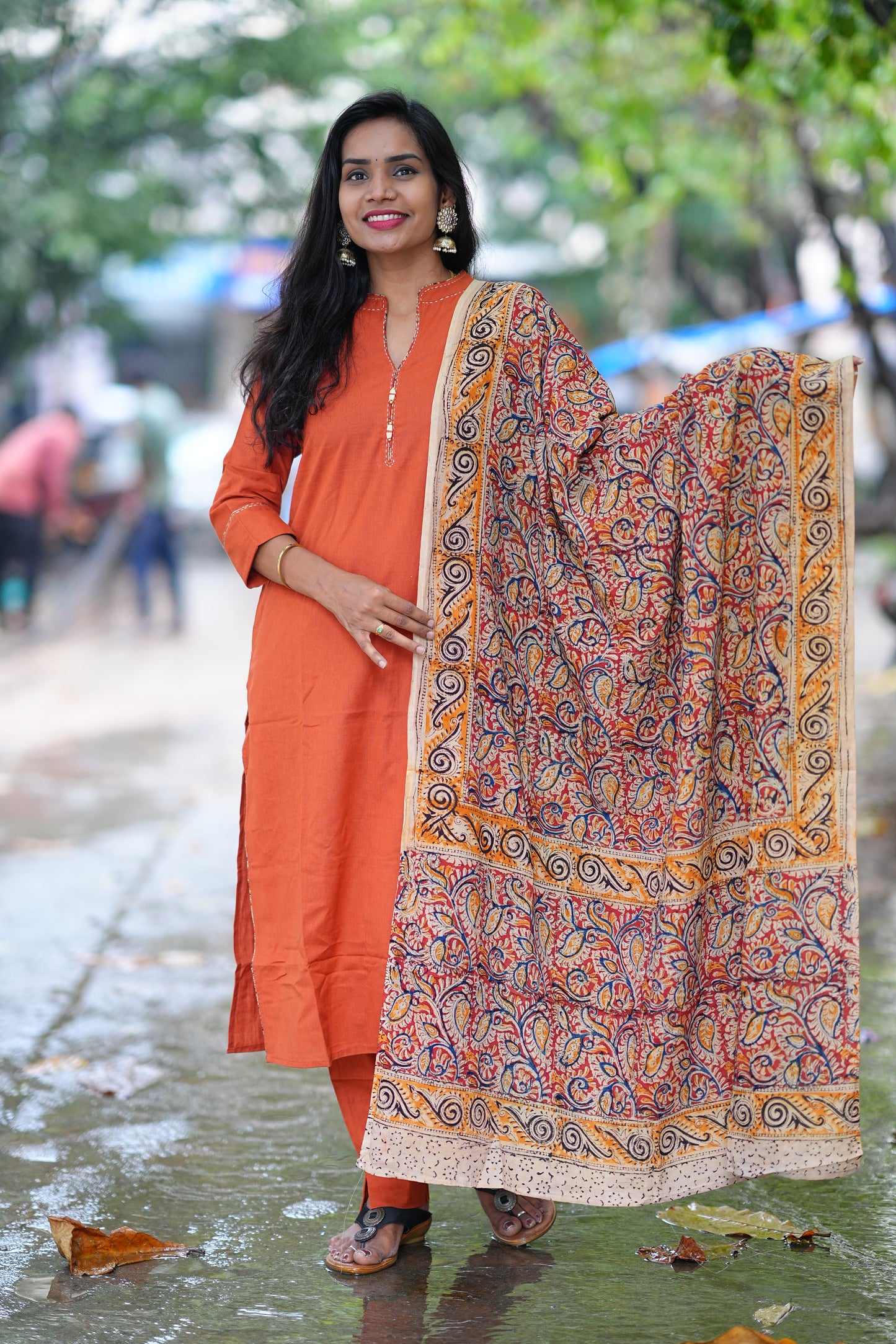 Orange Color Pure Jaipur Cotton Chinese Collar Straight Cut With Kalamkari Dupatta