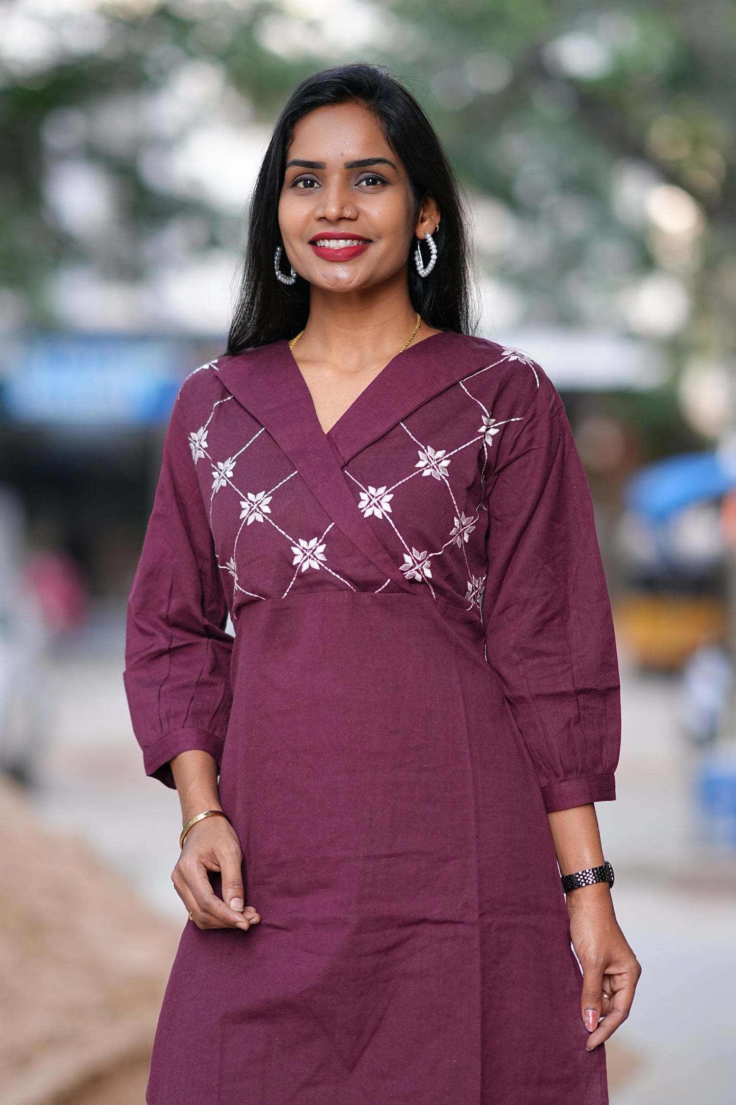 Wine Color Overlap V Neck Thread Embriodary Office Wear Cordset