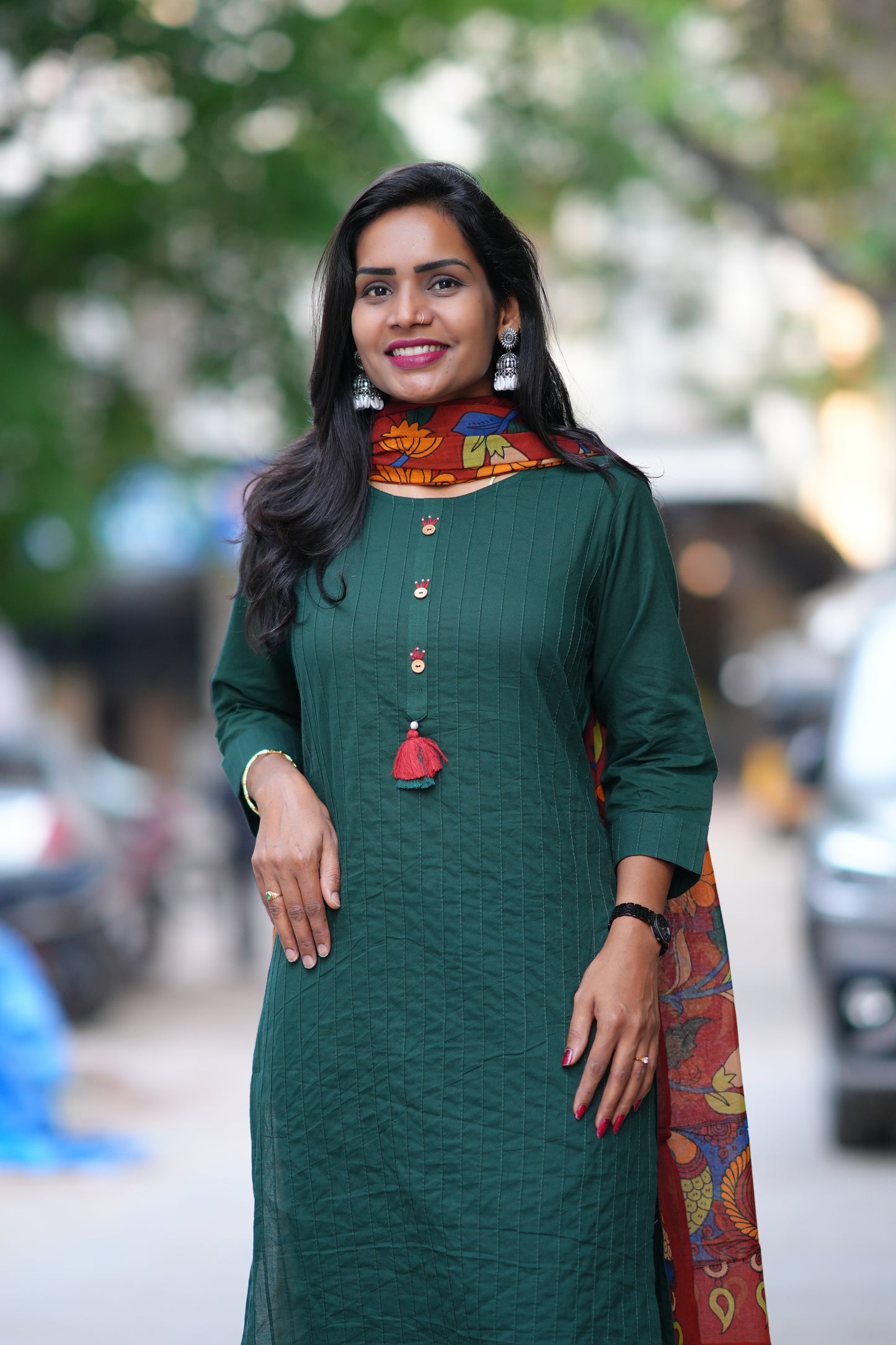 Emerald Green Pintax Cotton 3 Piece Set With Contrast Duppata