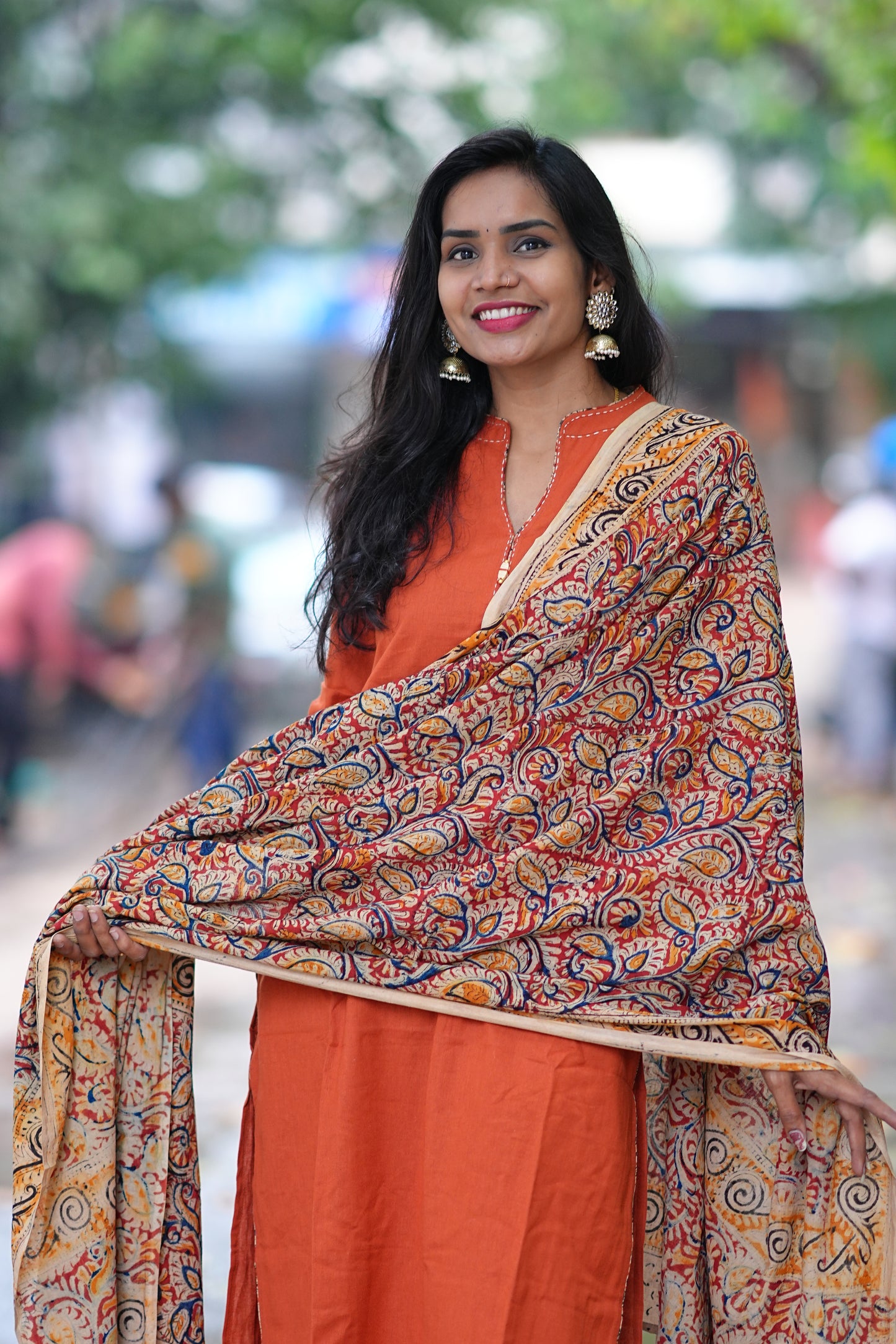 Orange Color Pure Jaipur Cotton Chinese Collar Straight Cut With Kalamkari Dupatta