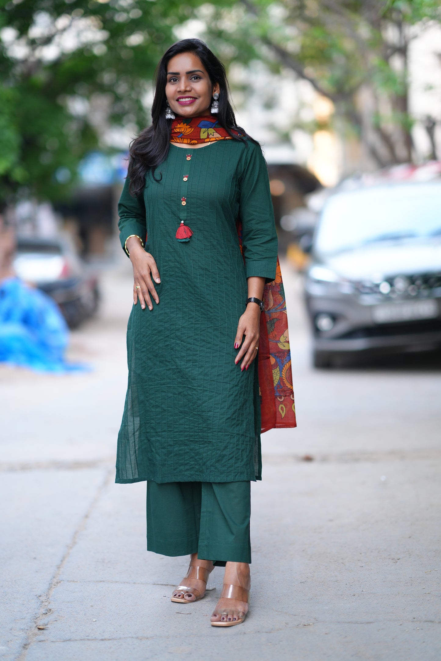 Emerald Green Pintax Cotton 3 Piece Set With Contrast Duppata