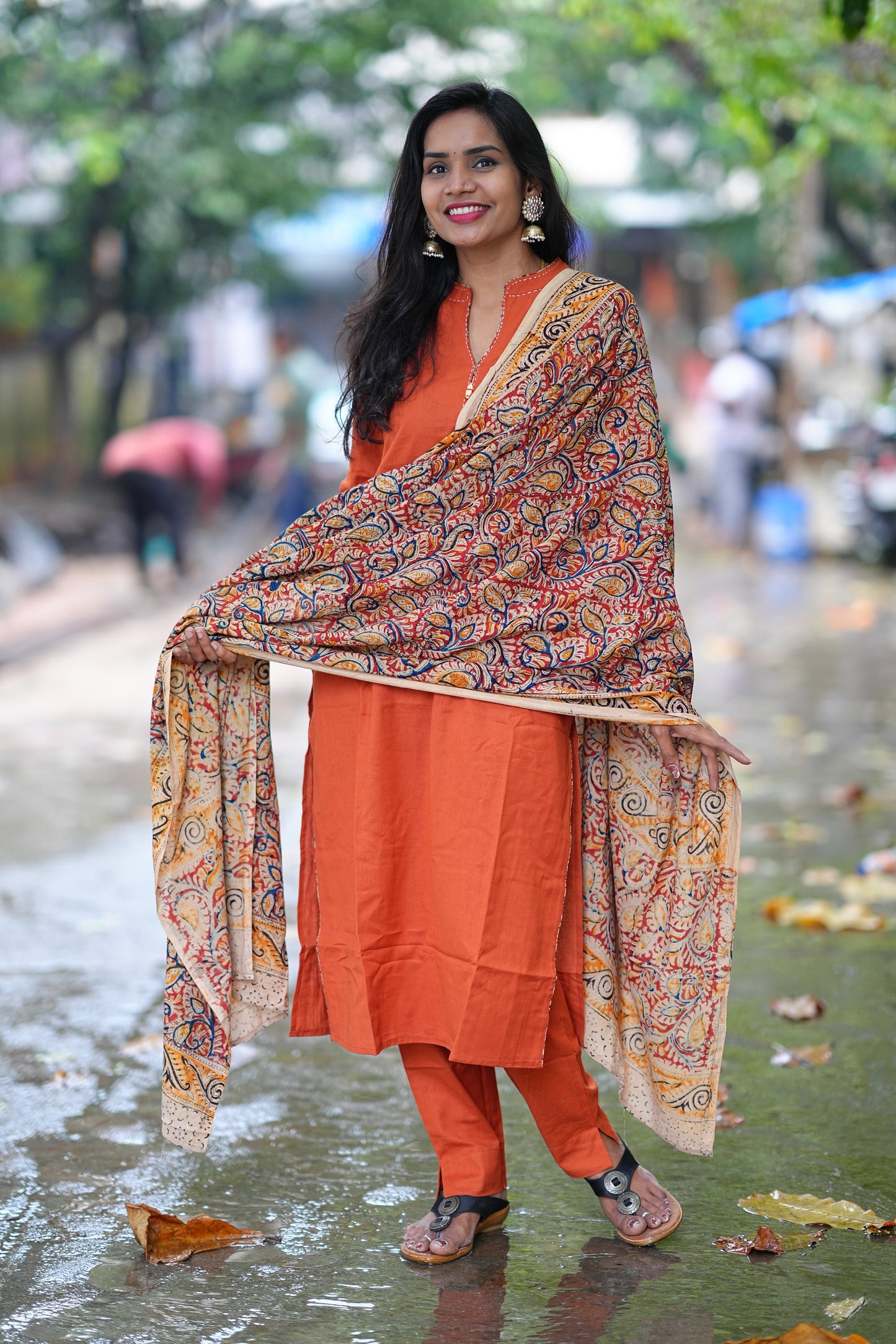 Orange Color Pure Jaipur Cotton Chinese Collar Straight Cut With Kalamkari Dupatta