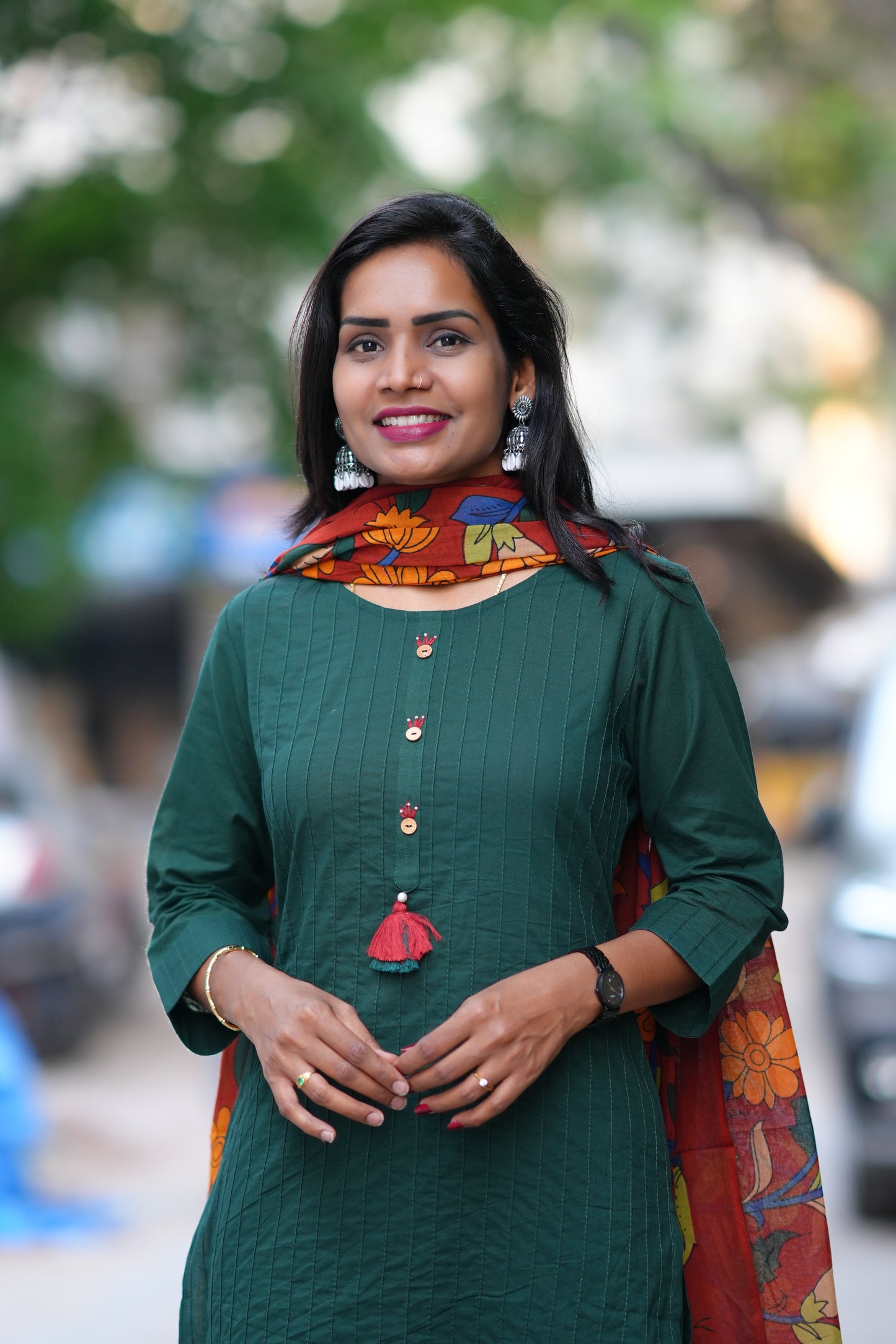 Emerald Green Pintax Cotton 3 Piece Set With Contrast Duppata