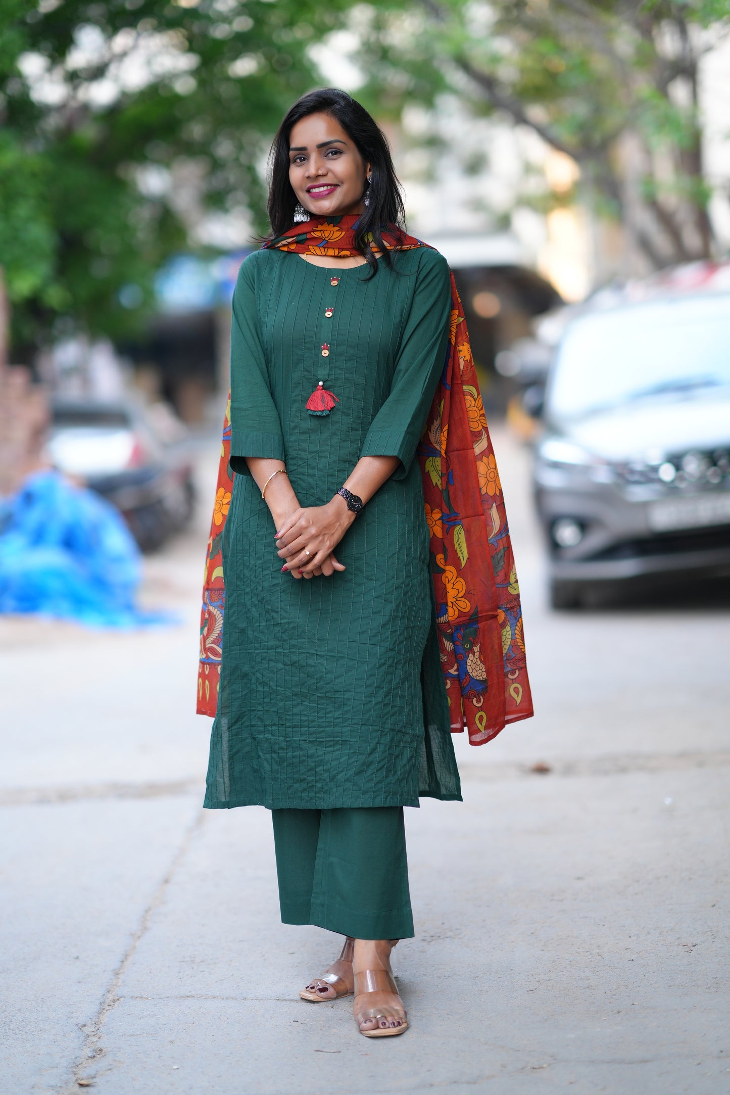 Emerald Green Pintax Cotton 3 Piece Set With Contrast Duppata