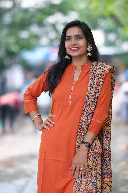 Orange Color Pure Jaipur Cotton Chinese Collar Straight Cut With Kalamkari Dupatta