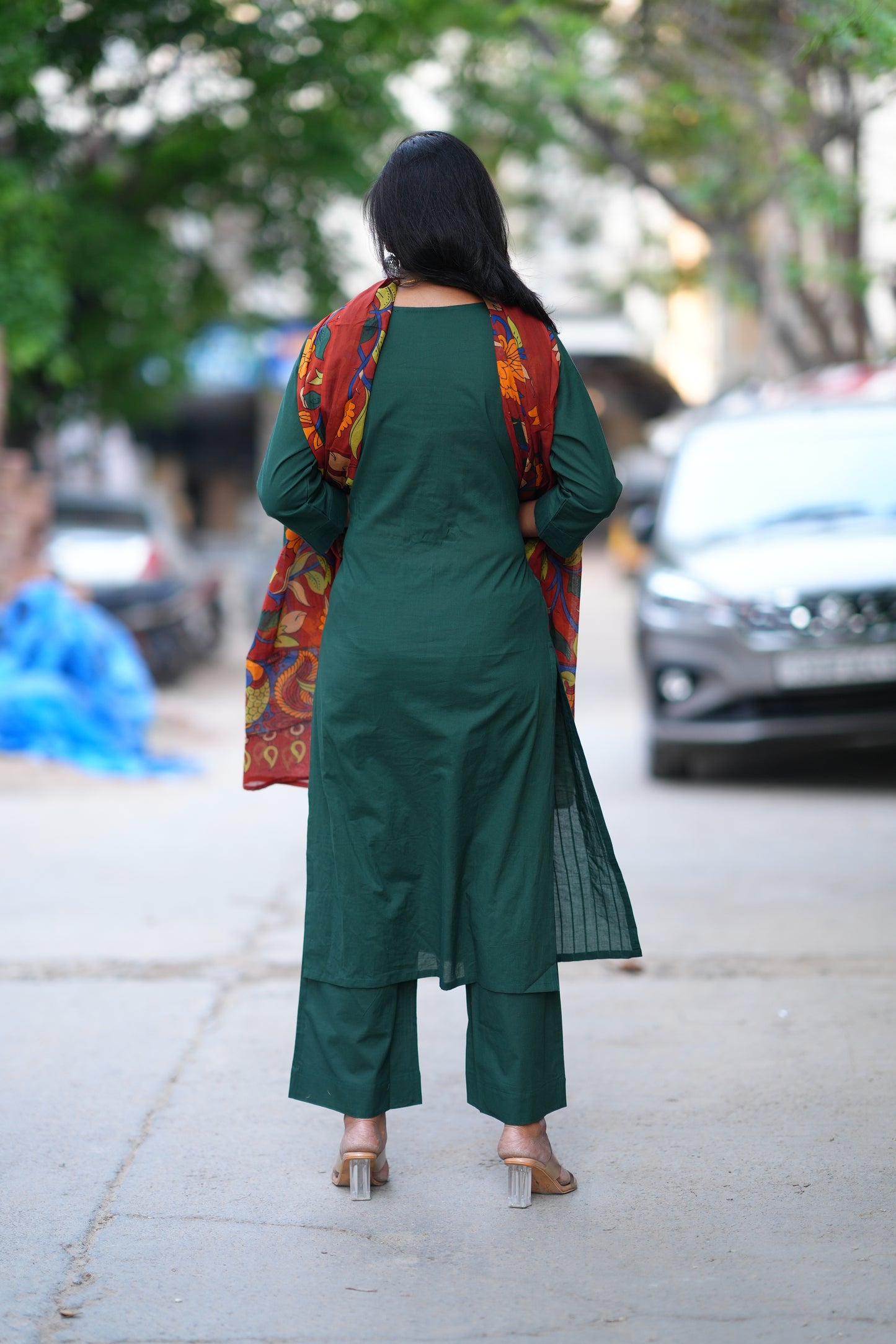 Emerald Green Pintax Cotton 3 Piece Set With Contrast Duppata