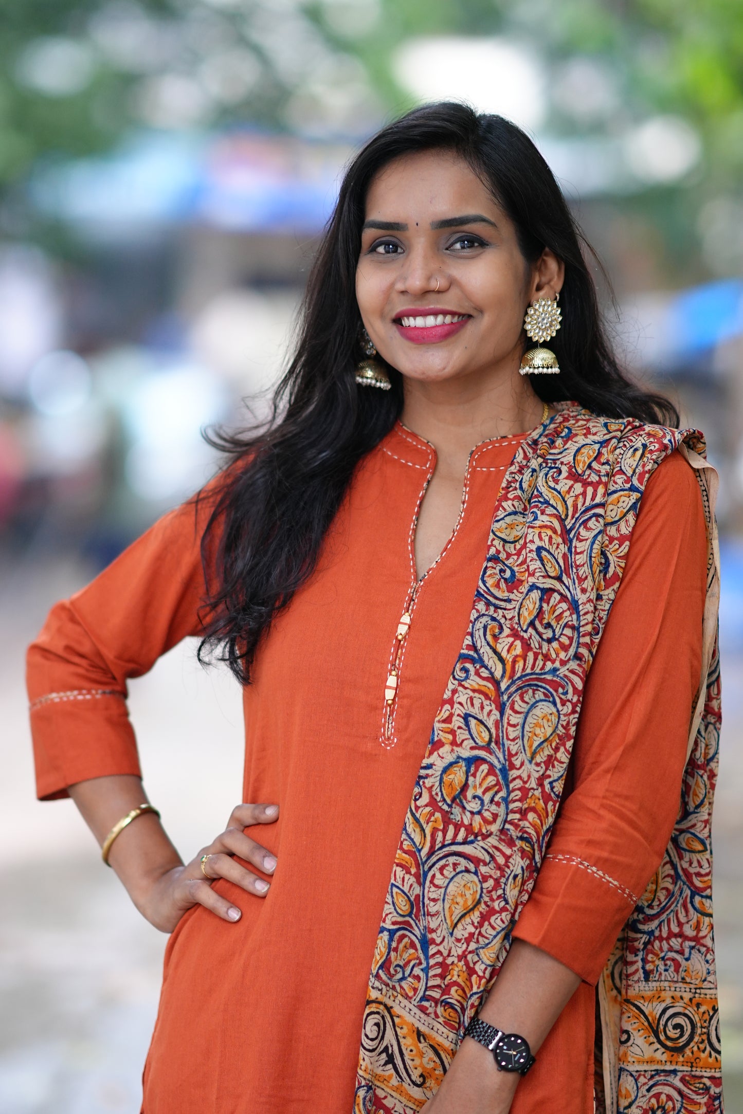 Orange Color Pure Jaipur Cotton Chinese Collar Straight Cut With Kalamkari Dupatta