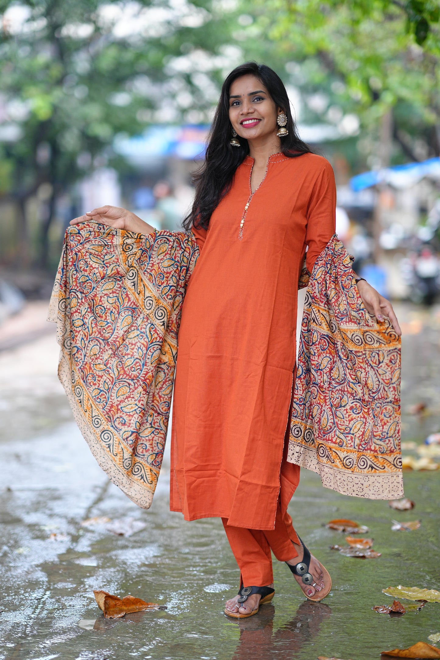Orange Color Pure Jaipur Cotton Chinese Collar Straight Cut With Kalamkari Dupatta