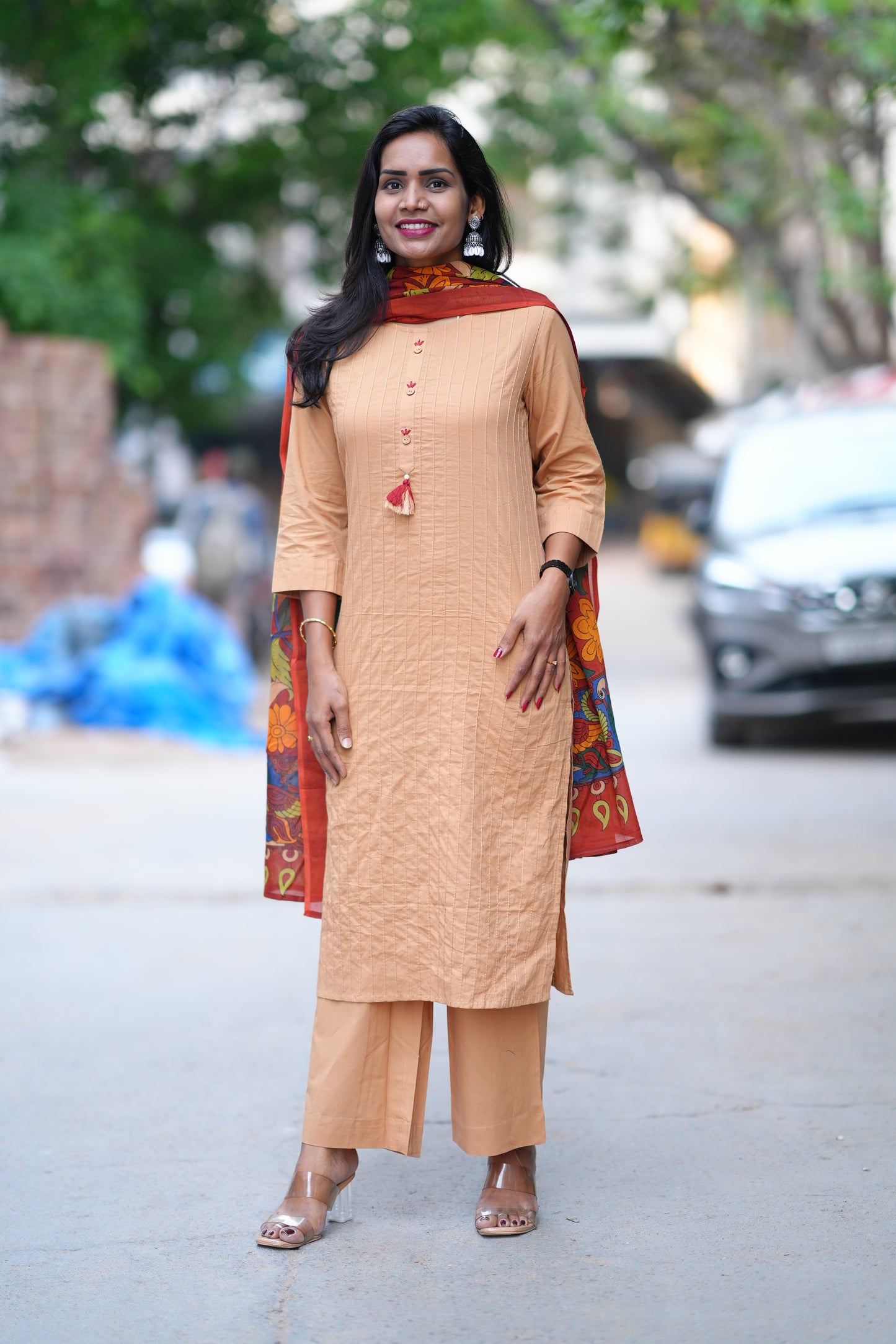 Beige Color Pant Cotton 3 Piece Set With Contrast Dupatta
