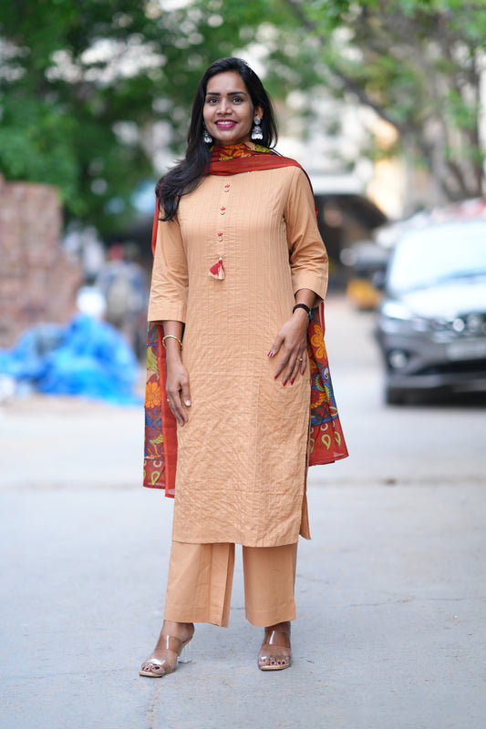 Beige Color Pant Cotton 3 Piece Set With Contrast Dupatta