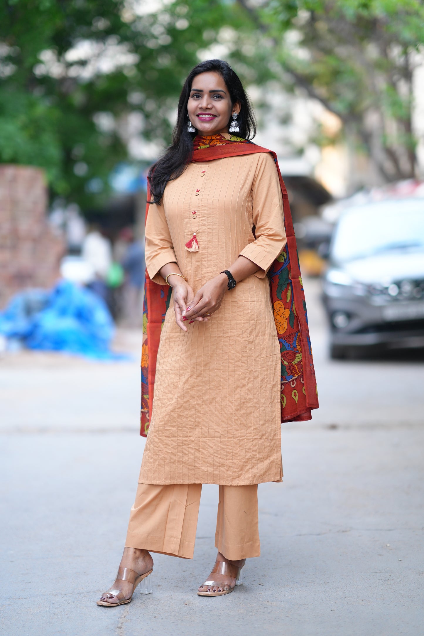 Beige Color Pant Cotton 3 Piece Set With Contrast Dupatta
