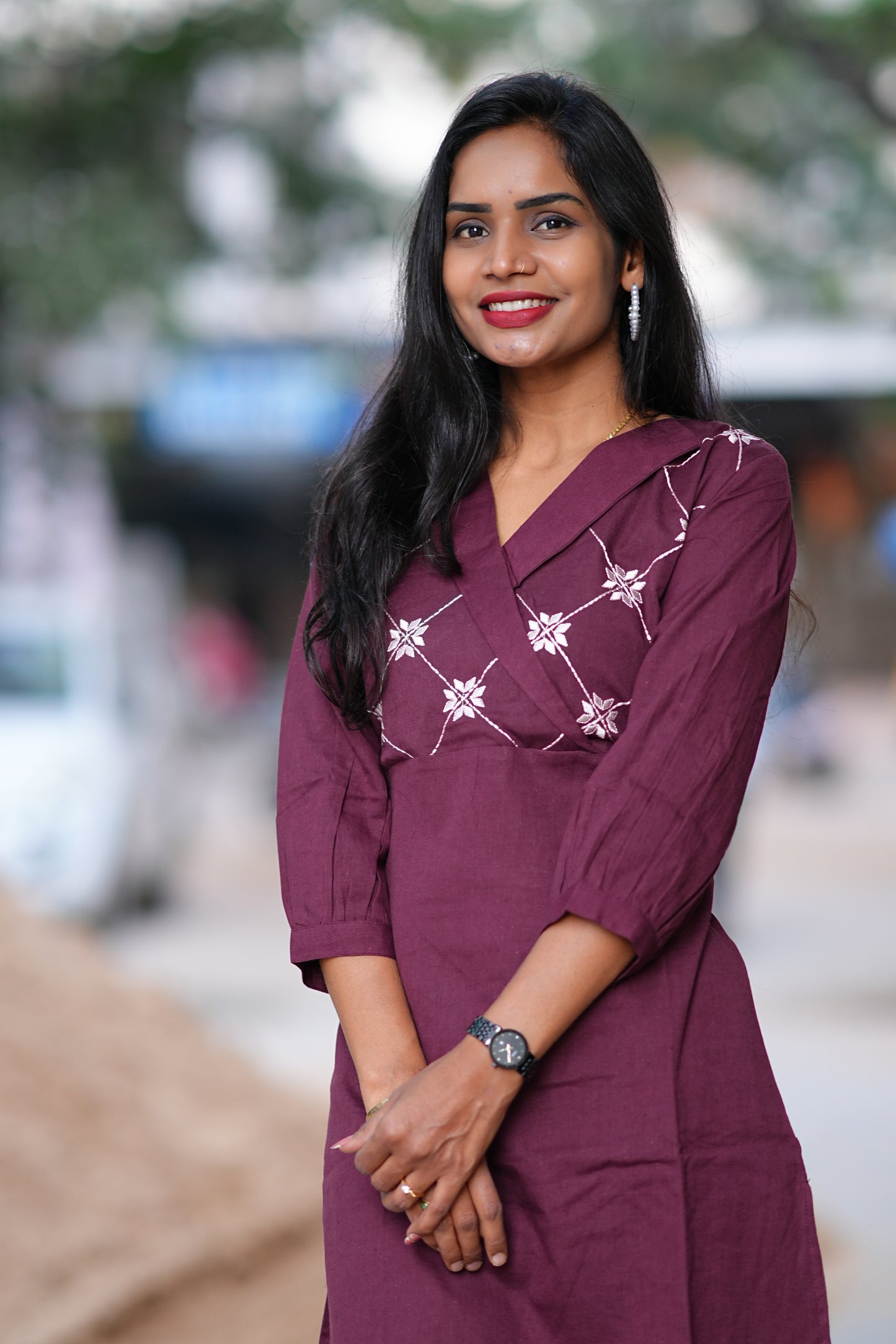 Wine Color Overlap V Neck Thread Embriodary Office Wear Cordset